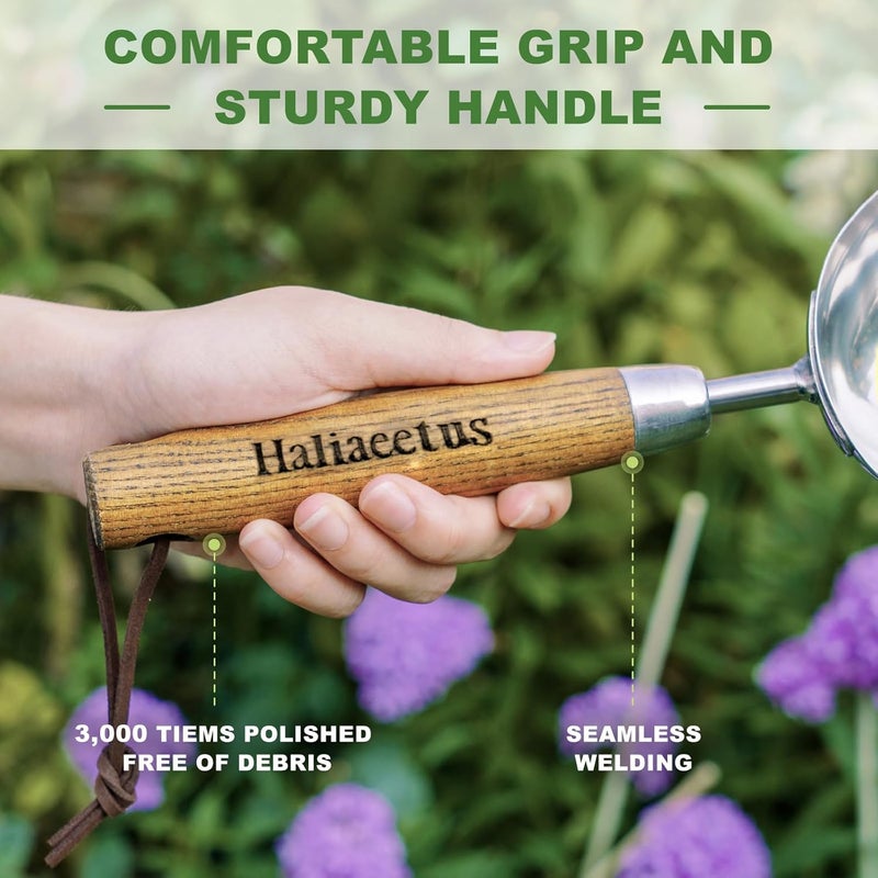 Haliaeetus Potting Soil Scoop, Bend-Proof Stainless Steel Garden Scoop, 1 Cup Big Volume Garden Hand Shovel, Comfortable Wood Handle Dirt Trowel for Transplanting, Cultivation, Composting and Planting - Image 3